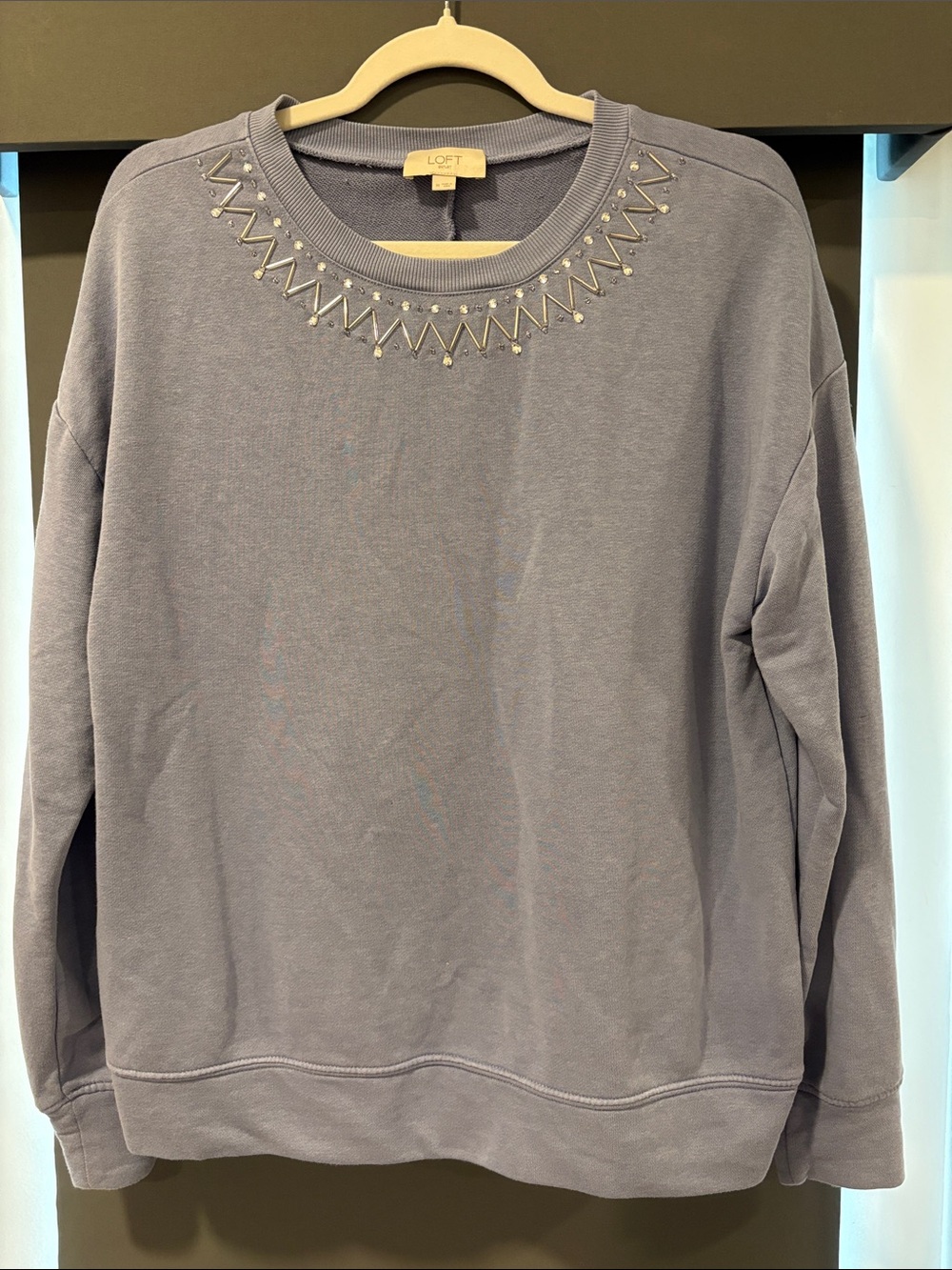 LOFT Blue Gray Bead Embellished Crewneck Sweatshirt